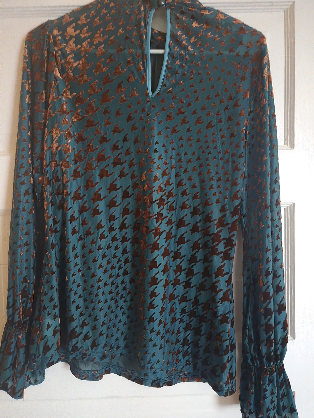 Unique Vintage Teal and Copper Houndstooth Ruffle-Neck Blouse - Picture 2 of 3